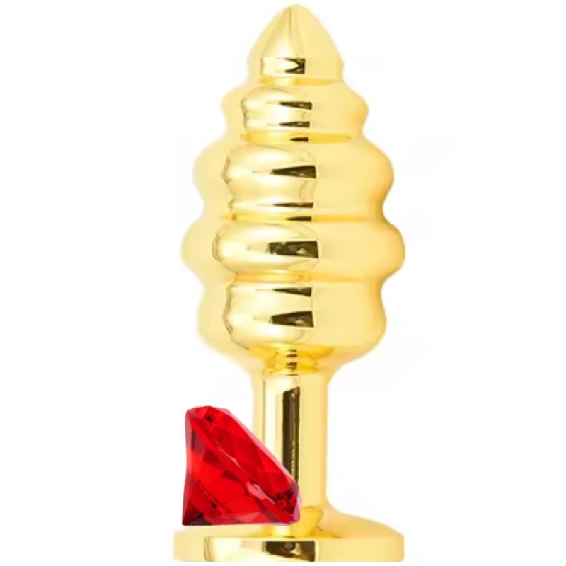 Sexual World Anal Play Medium Gold Ribbed Taşlı Metal Anal Plug-Red